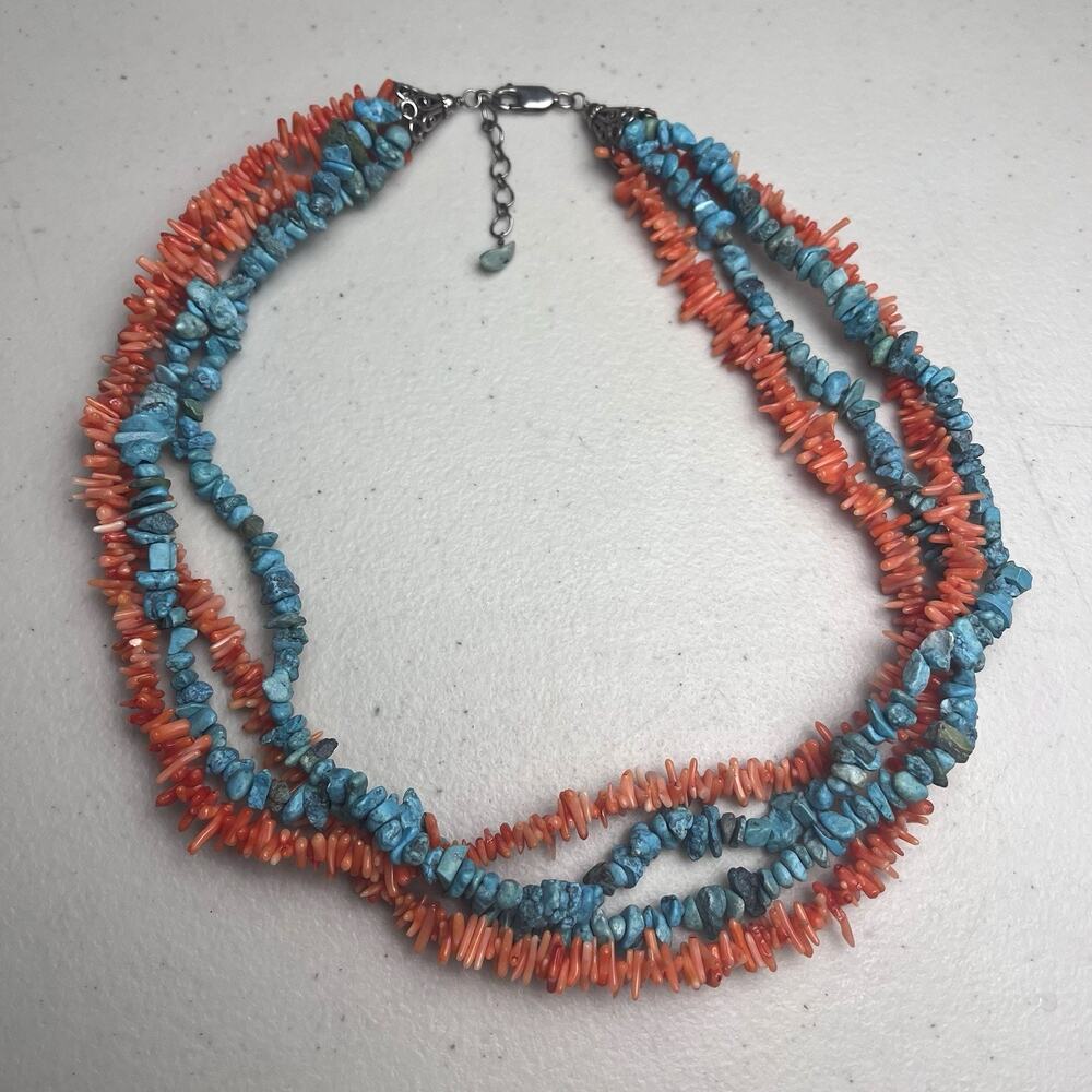 Multi Strand Spiny Red Coral Turquoise Style Blue Stone Sterling Silver Necklace